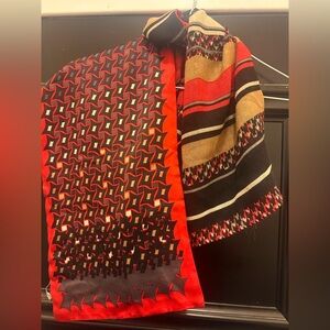 Mayerline Brussels Reversible Eool & Silk Scarf | 68”x12” | Red Grey Cream